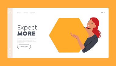 Daha fazla İniş Şablonu bekleyin. Sarı Altıgen Şeklinin Arkasından Gülümseyen Kadın. Tarz Pozitif Kadın