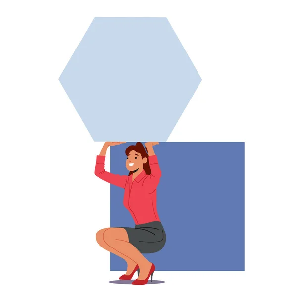 Молода жінка з величезними абстрактними шматочками головоломки квадрат і шестикутник в руках. Співпраця в команді, вирішення завдань — стоковий вектор