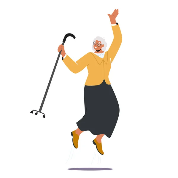 Glad äldre kvinna med vandrande hund hoppa och känna upphetsning isolerad på vit bakgrund. Positiv seniorkaraktär — Stock vektor