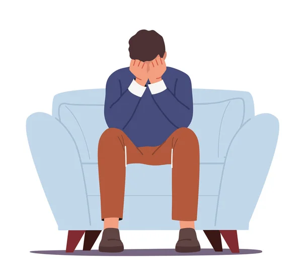 Úzkostlivý muž sedí na pohovce, zakrývá obličej rukama, pláče, je frustrovaný. Depresivní podnikatel trpí depresí — Stockový vektor