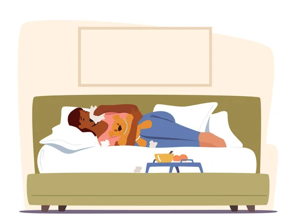 自宅でソファに寝そべっているワイプでくしゃみをする病気の女性。インフルエンザとウイルス感染症。女性キャラクタークーリング — ストックベクタ