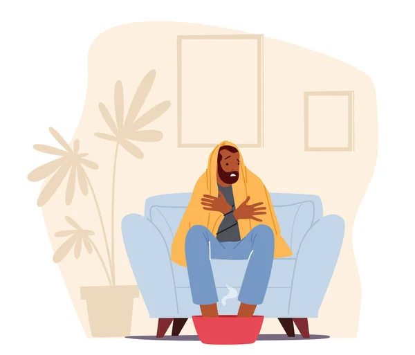 Flu and Influenza Disease Symptoms. Ill Man Soar Feet Sitting on Sofa Covered with Plaid, Character Suffering of Virus — Stock Vector