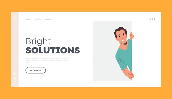 Plantilla de Landing Page de Bright Solutions. Joven sonriente curioso personaje masculino asomándose desde detrás de la pared con rectángulo — Vector de stock