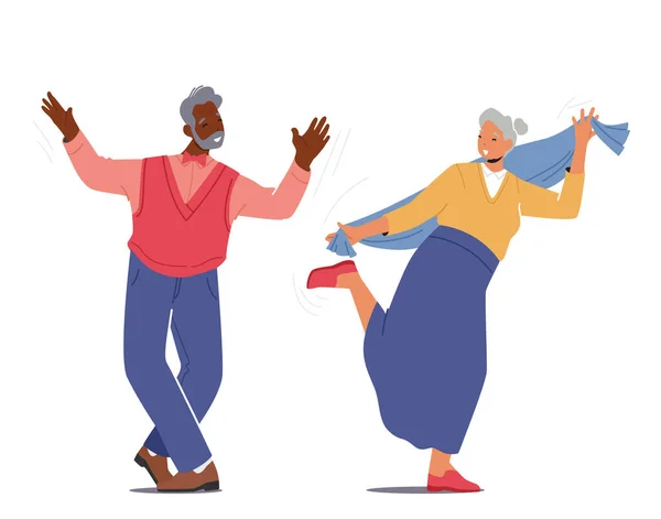 Bailarines alegres de la tercera edad. Hombre y mujer mayores Diversión, ocio o concepto de hobby activo. Baile de personajes senior — Vector de stock