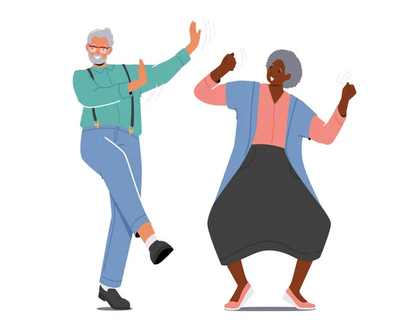 Ocio activo de baile de anciano y mujer. jubilados jubilados jubilados en ropa de moda bailando y relajante — Vector de stock