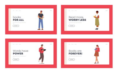 Öğrenci Karakterleri Kitap İndirme Şablonu Okunuyor. Ders kitapları okuyan genç çok ırklı erkek ve kadınlar