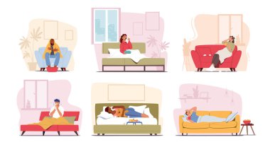 Soğuk Virüs ya da Grip Hastalığı geçiren Hastalıklı İnsanlar. Viral Hastalıklı Karakterler, Hasta Erkekler ve Kadınlar