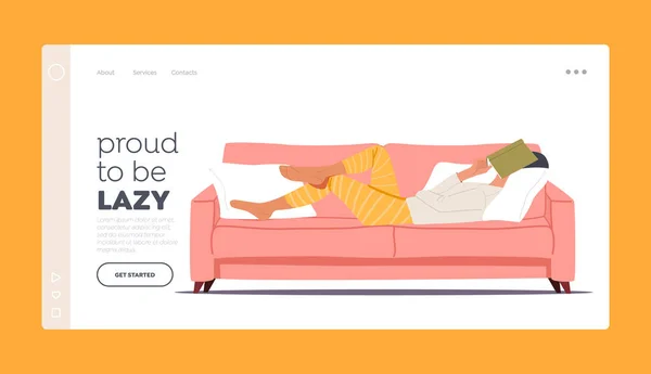 Lenistwo, opóźnianie, praca do zrobienia później, nuda Landing Page Template. Leniwy lub zmęczony charakter śpiący — Wektor stockowy