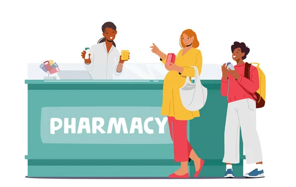 Personnages faisant du shopping en pharmacie, les gens achètent des médicaments et paient au comptoir. Clients qui achètent des médicaments — Image vectorielle