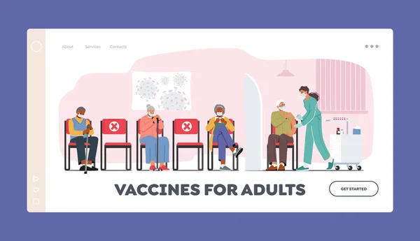 Vaccini per adulti Landing Page Template. Gli anziani aspettano la vaccinazione in ospedale. Personaggi anziani che applicano il vaccino — Vettoriale Stock