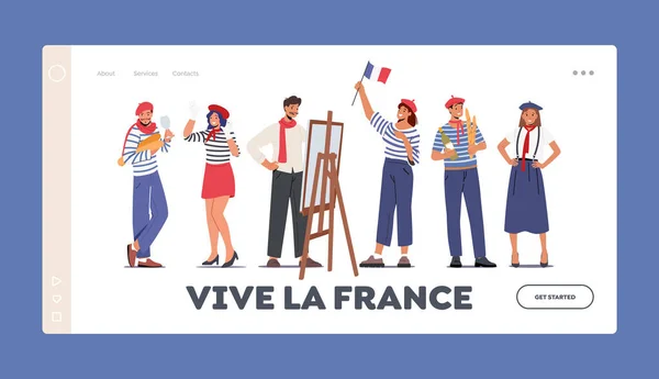 Typiska franska folket Landning Page Template. Mime, målare, kvinna i baskrarna med flagga, man som håller baguetter och glas — Stock vektor
