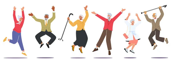 Personajes masculinos y femeninos envejecidos Saltar y reír. Grupo de Personas Mayores Felices Saltando con las Manos Elevadas — Archivo Imágenes Vectoriales