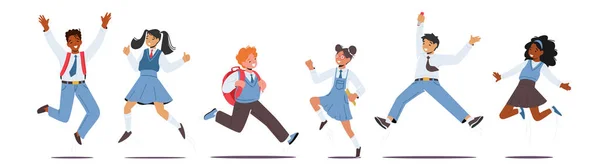 Set Happy Kids en uniforme escolar con mochilas de salto. Colegiales y Colegialas Personajes riendo, agitando las manos — Archivo Imágenes Vectoriales