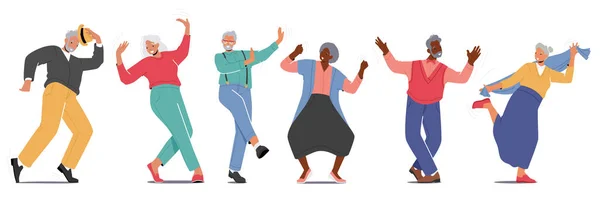 Gamla män och kvinnor dansar isolerade på vit bakgrund. Pensionärer i modekläder Dans, Avslappnande — Stock vektor