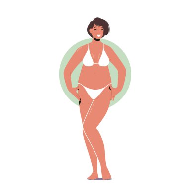 Kadın Karakter Elma Şekil Tipi, Yuvarlak Vücut Şekline sahip Kadın Büyük Göbek ve Popo, Bikini Kız Pozu