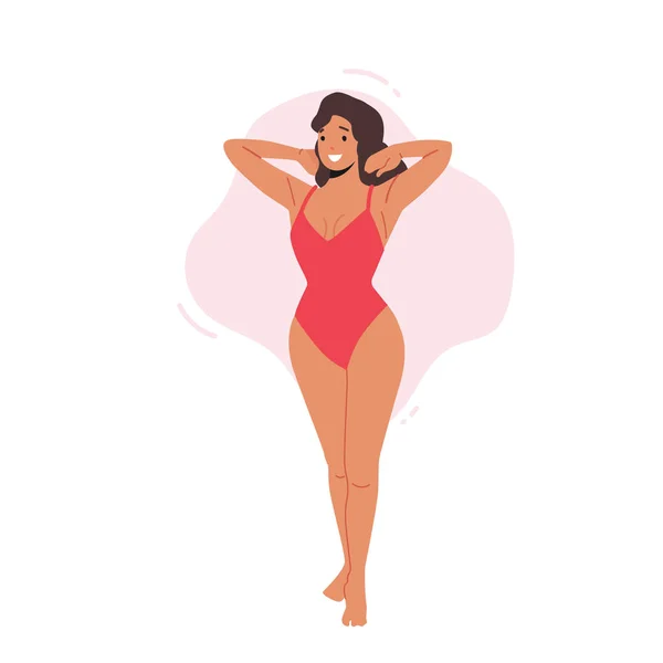 Sexy vrouw poseren in rode eendelige badpak, jonge vrouwelijke karakter dragen zomer collectie voor strand of zwembad — Stockvector