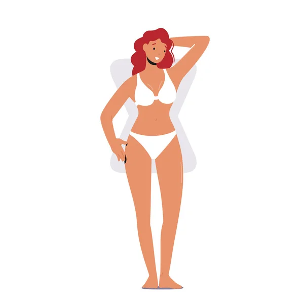 Chica posando en ropa de cama de bikini, Mujer con forma de cuerpo de reloj de arena, Tipo de figura de personaje femenino con hombros anchos, Caderas — Archivo Imágenes Vectoriales