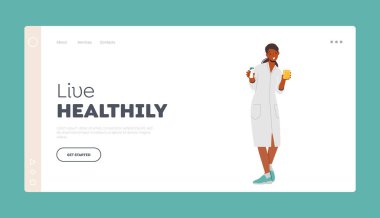 Canlı Sağlıklı İniş Şablonu. Eczacı, elinde ilaç paketi olan bir kadın karakter. Kadın Uyuşturucu Kullanıyor