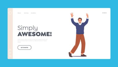 Mutlu Adam Pozitif Duygular İniş Sayfa Şablonu. Günlük giysiler içindeki yetişkin iş adamı El sallıyor, Erkek Karakteri Eğlencesi
