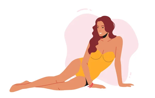 Vrouw poseren in geel een stuk badpak, jong vrouwelijk karakter dragen sexy badpak zitten op het strand, slank meisje — Stockvector