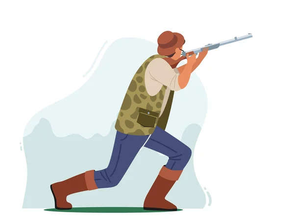 Hunter ampua kivääri metsästys, kesällä harrastus, urheilu tai ulkoilu, mies merkki pukeutua naamiointi liivi — vektorikuva