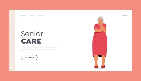 Šablona přistávací stránky pro seniory. Babička Charakter se snaží zapamatovat něco, Stará žena trpí Alzheimerovou chorobou — Stockový vektor