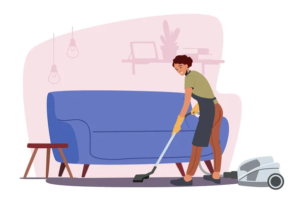Ev işi yapan genç bir kadın elektrikli süpürgeyle döşeme halısını temizliyor. Ev Süpürme Ev Etkinliği — Stok Vektör