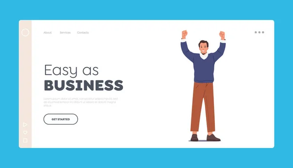 Businessman Positive Emotions Landing Page Template. Adult Man in Casual Clothes Waving Hands. Happy Male Character — Stock Vector