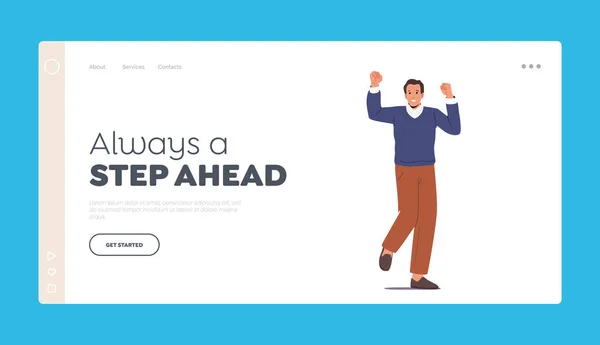 Success, Victory Landing Page Template. Satisfied Man Waving Clenched Fists Express Excited Emotions, Happy Character — Stock Vector