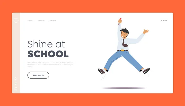 Childhood, Fun and Motion Concept for Landing Page Template. Happy School Child Jumping. Little Boy Happily Playing — Stock Vector