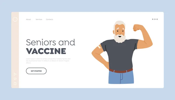 Yaşlılar ve Aşı İniş Sayfası Şablonu. Omzunda Yama olan Aşılanmış Eski Pozitif Karakter Gücü — Stok Vektör