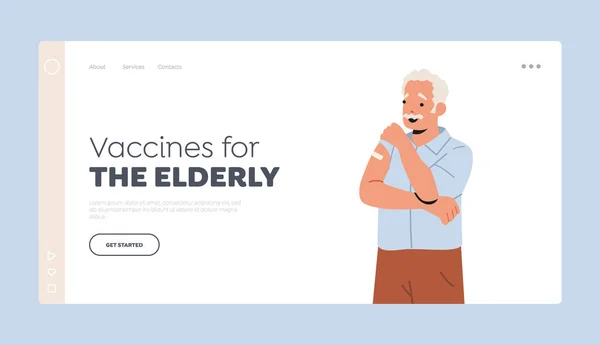 Anziani Immunizzazione, Vaccinazione Landing Page Template. Concetto di assistenza sanitaria per anziani. Vaccinato Senior — Vettoriale Stock