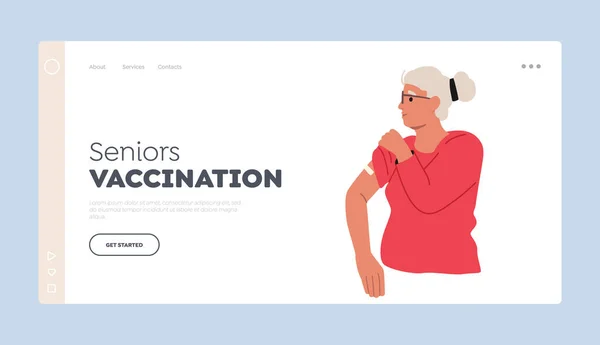 Šablona starších očkovacích přistávacích stránek. Šedovlasá Lady Touch Rameno po vakcinaci. Old Character Health Care — Stockový vektor