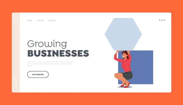 Growing Business Concept Landing Page Template. Young Woman with Huge Abstract Puzzle Pieces Square and Hexagon — Stock Vector