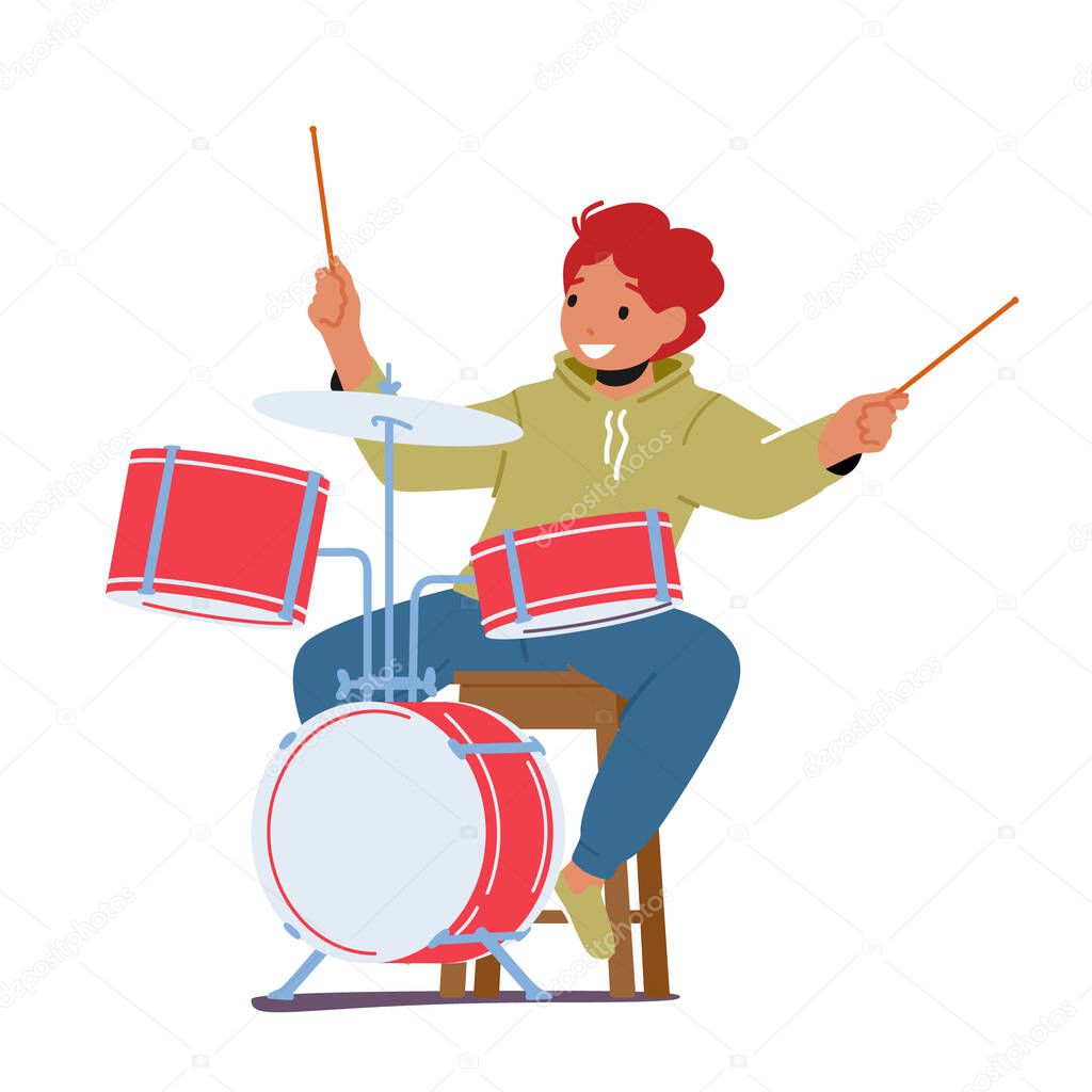 Boy Drummer Playing Musical Composition, Jazz Performance on Stage or Exam, Kid Take Part in Talent Show, Child Artist