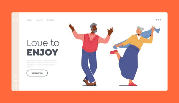 Cheerful Old People Dançarinos modelo de página de desembarque. Homem Idoso e Mulher Lazer ou Conceito de Passatempo Ativo — Vetor de Stock