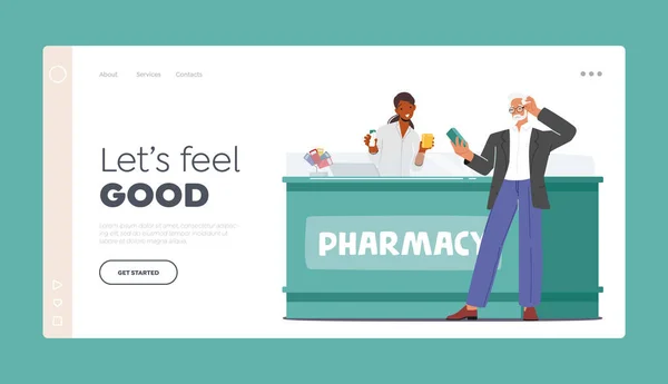 선임 고객은 Drugstore Landing Page Template 에 있는 약을 구매 한다. 약방에서 약을 사는 노인 — 스톡 벡터