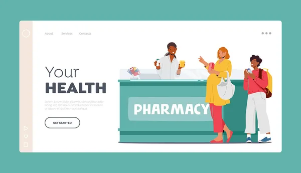 Template voor de landingspagina van de gezondheidszorg. Karakters Winkelen in de Apotheekwinkel, Mensen die drugs kopen en betalen op de toonbank — Stockvector