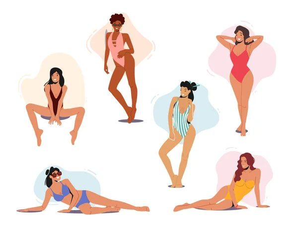 "Set of Woman Posing in Swimsuits", "Young Sexy Female Characters Wear Bikini" та "One-piece Swimwear Posing on Beach". — стоковий вектор