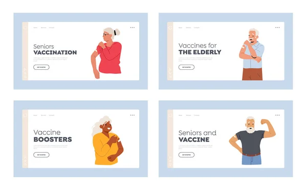 Vacunación de personas mayores, Conjunto de plantillas de página de aterrizaje de concepto de atención médica. Personajes mayores vacunados Inmunización — Vector de stock