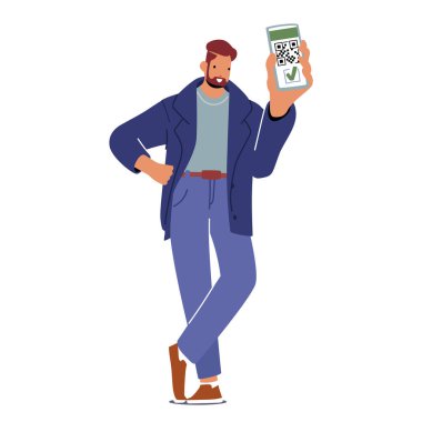 Genç adam telefon ekranında Qr Covid-19 Aşı Kodu 'nu göster. Erkek Karakteri Dijital Sağlık Geçidi, Aşı Pasaportu