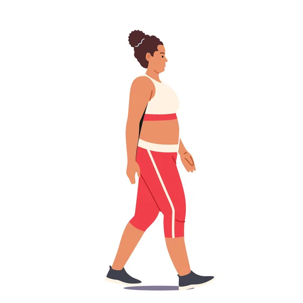 Corpulente dikke vrouw dragen sportpak lopen geïsoleerd op witte achtergrond. vettig overgewicht meisje gewichtsverlies, dieet — Stockvector