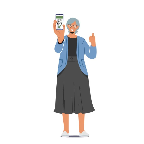 シニア女性は白の背景に隔離されたQRコードを表示します。covid証明書を示すデバイスを持つ高齢女性キャラクター — ストックベクタ