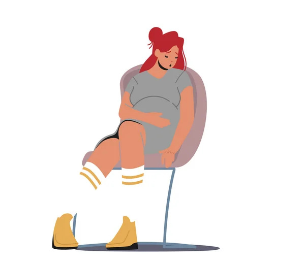 Aide psychologique aux femmes enceintes, personnage féminin avec gros ventre assis sur la chaise avec le visage bouleversé. Doutes sur la femme — Image vectorielle