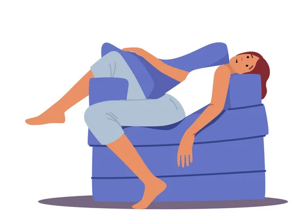 Moe Asleep Vrouwelijk Karakter Liggend op een fauteuil in de woonkamer met open ogen geïsoleerd op witte achtergrond — Stockvector