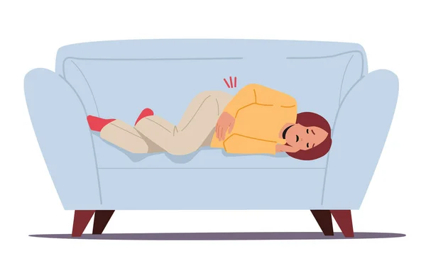腹痛とソファの上に横たわる病気の女の子,白い背景に隔離された胃の痛みの子供の苦しみ — ストックベクタ