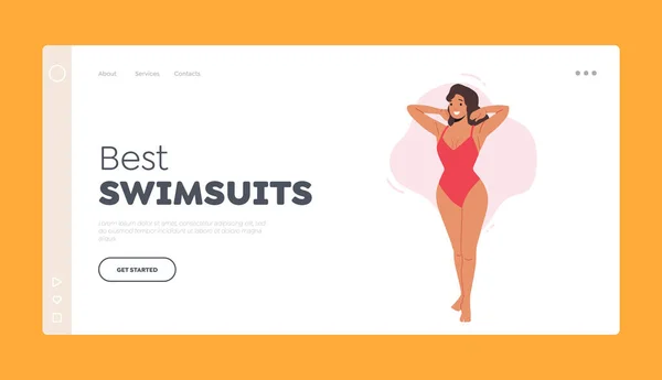 Migliori costumi da bagno Landing Page Template. Donna sexy in posa in costume intero rosso, giovane personaggio femminile sulla spiaggia — Vettoriale Stock