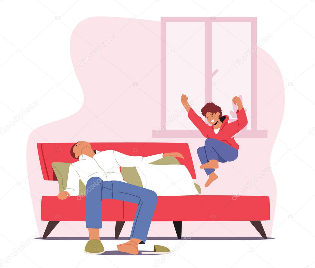 Tired Parent with Hyperactive Child at Home, Fatigue Father Character Sleep while Son Jumping on Bed, Dad Tiredness