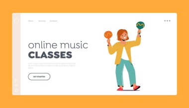 Çevrimiçi Müzik Sınıfları İniş Sayfa Şablonu. Maracas 'ta Küçük Sanatçı Bestesi. Aletle Oynayan Kız