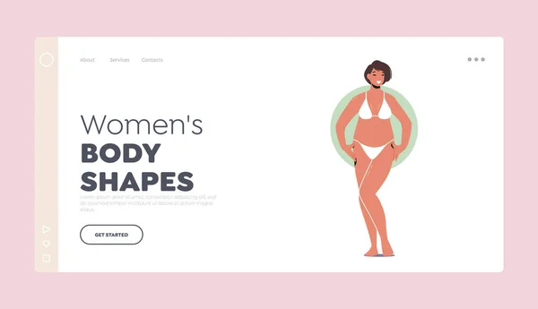 Mujer Body Shapes Landing Page Template (en inglés). Personaje femenino Tipo de figura de manzana, Mujer con forma de cuerpo redondo — Vector de stock